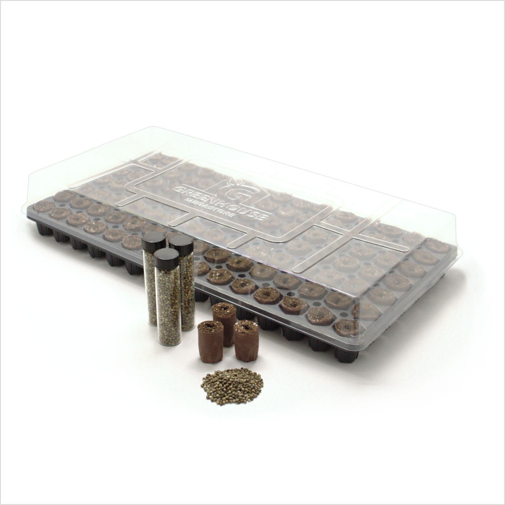 Start Smart Sample Pack_Tray-Dome_1000x1000 Plant growing tray with humidity dome next to hemp seeds.